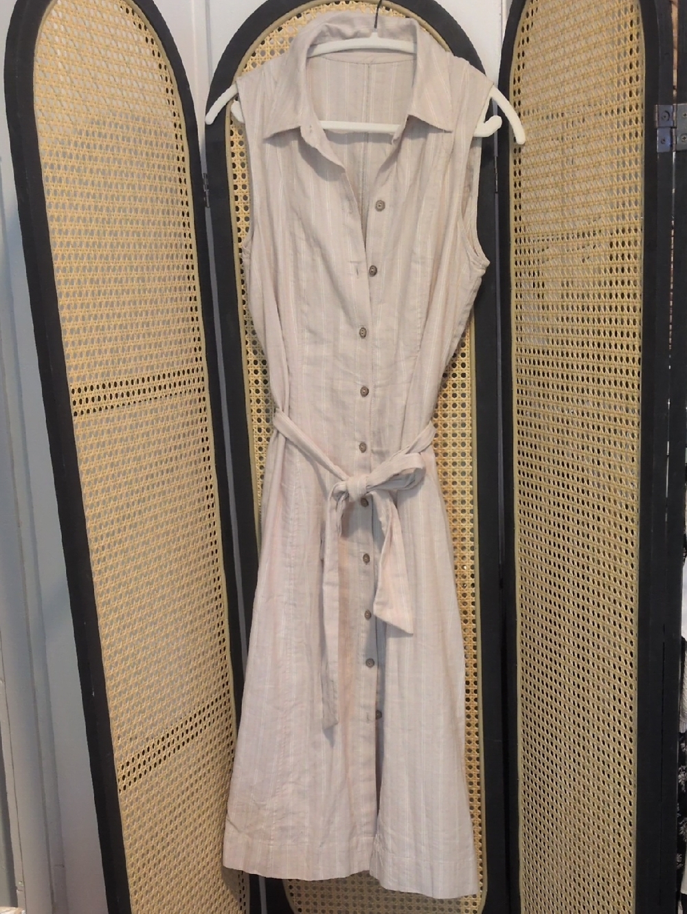 Sleeveless Button-Front Shirt Dress in Light Beige Linen